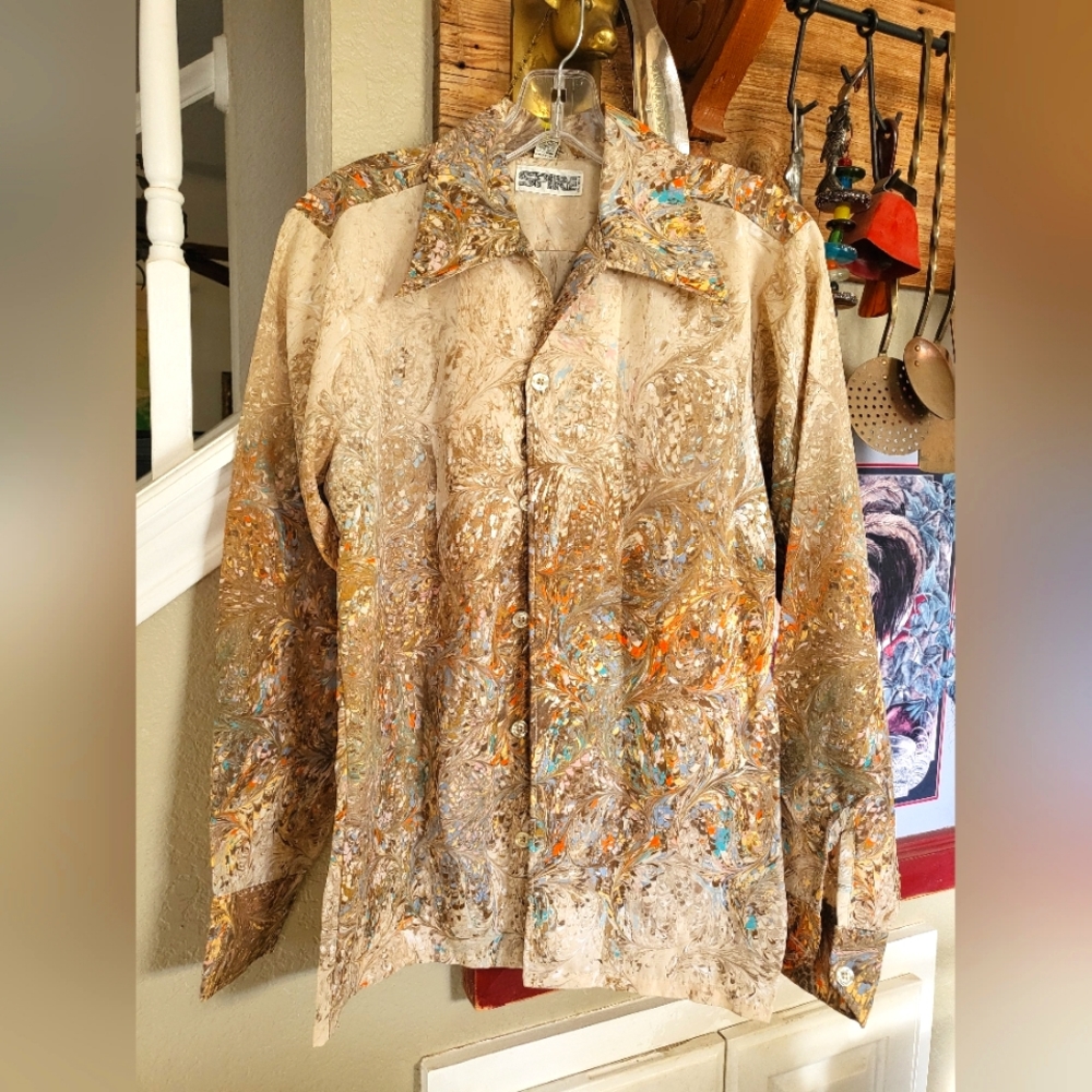 VTg SPIRE California 70's funky psychedelic marbled poly point collar S shirt